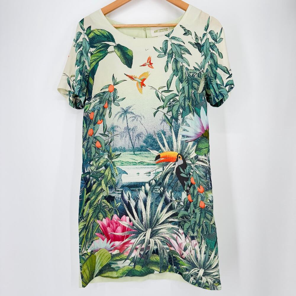 H&M Conscious Collection Tropical Toucan Bird Print Shift Dress Size 10